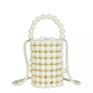 white pearl beaded handbag for women, evening bags with detachable chain, inner bag, bridal bag, bachelorette clutch (pearl white/gold)
