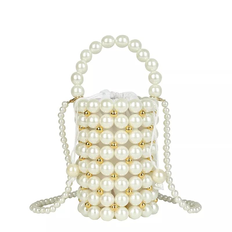 White Pearl Beaded Handbag for Women, Evening Bags with Detachable Chain, Inner Bag, Bridal Bag, Bachelorette Clutch (Pearl White/Gold)