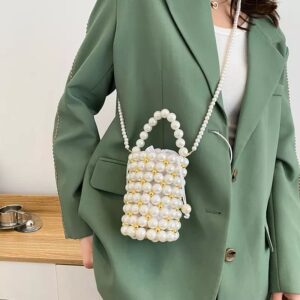 White Pearl Beaded Handbag for Women, Evening Bags with Detachable Chain, Inner Bag, Bridal Bag, Bachelorette Clutch (Pearl White/Gold)