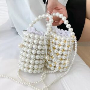 White Pearl Beaded Handbag for Women, Evening Bags with Detachable Chain, Inner Bag, Bridal Bag, Bachelorette Clutch (Pearl White/Gold)