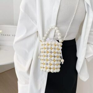 White Pearl Beaded Handbag for Women, Evening Bags with Detachable Chain, Inner Bag, Bridal Bag, Bachelorette Clutch (Pearl White/Gold)