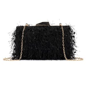 olivia miller women’s fashion bea black feather evening bag w detachable chain strap, small wedding prom gala party clutch crossbody handbag