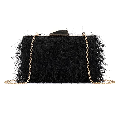 Olivia Miller Women’s Fashion Bea Black Feather Evening Bag w Detachable Chain Strap, Small Wedding Prom Gala Party Clutch Crossbody Handbag