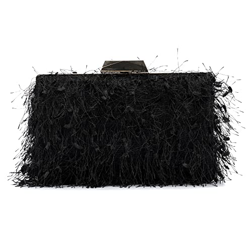 Olivia Miller Women’s Fashion Bea Black Feather Evening Bag w Detachable Chain Strap, Small Wedding Prom Gala Party Clutch Crossbody Handbag