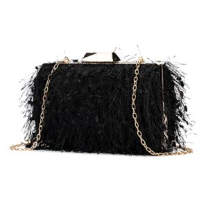 Olivia Miller Women’s Fashion Bea Black Feather Evening Bag w Detachable Chain Strap, Small Wedding Prom Gala Party Clutch Crossbody Handbag