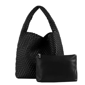 women 2 in 1 leather handbag hobo purse weave shouler bag large capacity top handle satchal bag, black
