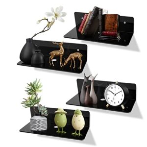 grathia 4 pcs 9 inch acrylic small floating shelves, adhesive wall mounted shelves wall decor display hanging shelves for living room, bathroom, bedroom, kitchen, office with hole design (4, black)