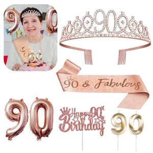 90th birthday decorations for her, birthday sash, crown/tiara, candles, cake toppers, balloons, birthday gifts for women, 90th birthday decorations for women, rose gold (90th)