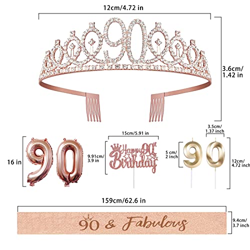 90th Birthday Decorations for Her, Birthday Sash, Crown/Tiara, Candles, Cake Toppers, Balloons, Birthday Gifts for Women, 90th Birthday Decorations for Women, Rose Gold (90th)