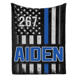 izi pod personalized police blanket, blue line flag blanket, police officer gift for men, thin blue line flag blanket personalized, police gifts