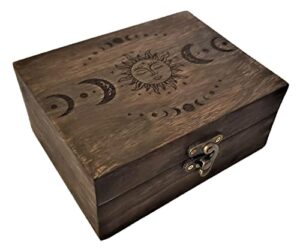 engraved wooden tarot box for cards crystal holder | sun and moon fortune telling astrology trinket keepsake box. fengshui luck talisman decorative gift case/holder