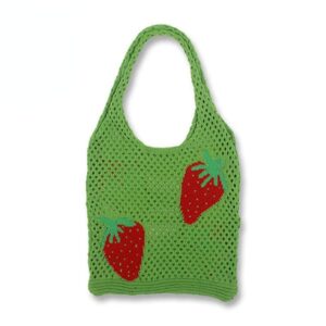 Fairycore Hobo Bag Y2K Fairy Grunge Strawberry Crochet Tote Bag Aesthetic Indie Shoulder Handbags Mesh Purse Accessory (Green,21.5"x12.5")