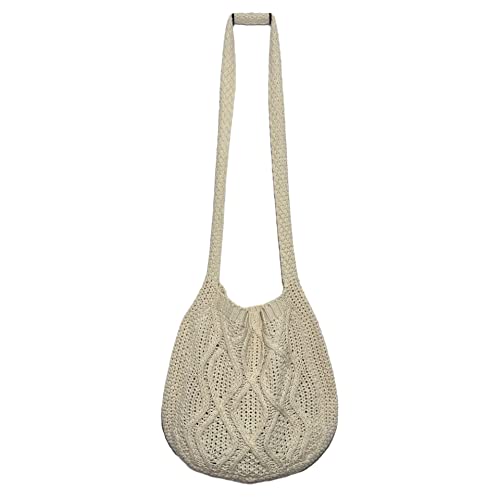 Grunge Crochet Tote Bag Y2K Fairycore Shoulder Handbags Aesthetic Knitted Crossbody Bags Purse Accessories (Beige,14.5"x29.5")