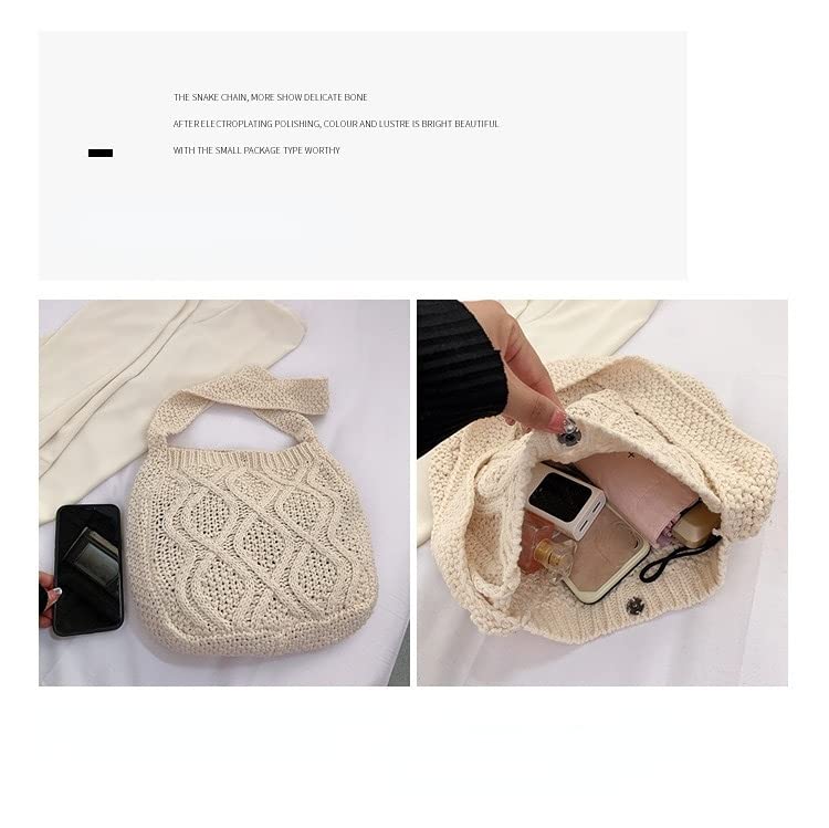 Grunge Crochet Tote Bag Y2K Fairycore Shoulder Handbags Aesthetic Knitted Crossbody Bags Purse Accessories (Beige,14.5"x29.5")