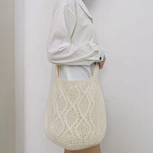 Grunge Crochet Tote Bag Y2K Fairycore Shoulder Handbags Aesthetic Knitted Crossbody Bags Purse Accessories (Beige,14.5"x29.5")