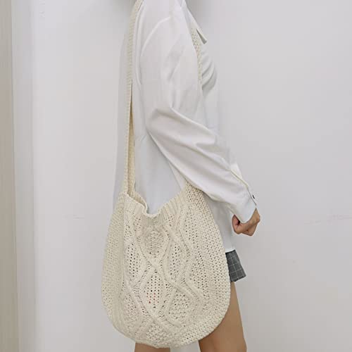 Grunge Crochet Tote Bag Y2K Fairycore Shoulder Handbags Aesthetic Knitted Crossbody Bags Purse Accessories (Beige,14.5"x29.5")