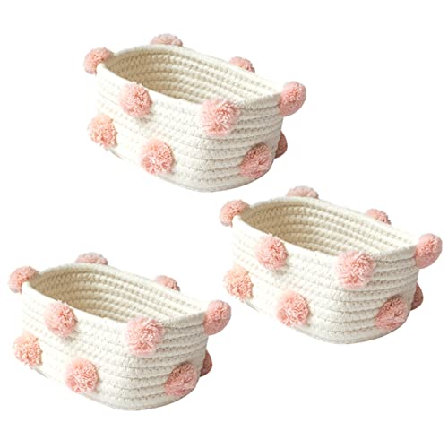 3X Cotton Woven Storage Basket Cute Pompom Decor Sundries Finishing Box Nordic Cosmetic Toys Organizer Pink S