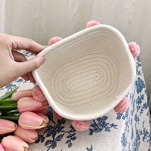 3X Cotton Woven Storage Basket Cute Pompom Decor Sundries Finishing Box Nordic Cosmetic Toys Organizer Pink S