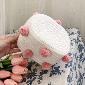 3X Cotton Woven Storage Basket Cute Pompom Decor Sundries Finishing Box Nordic Cosmetic Toys Organizer Pink S