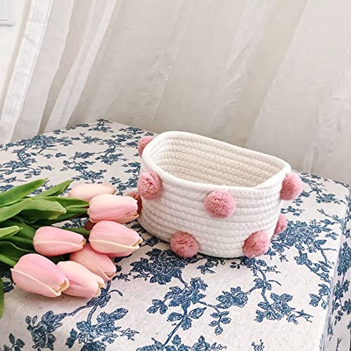 3X Cotton Woven Storage Basket Cute Pompom Decor Sundries Finishing Box Nordic Cosmetic Toys Organizer Pink S