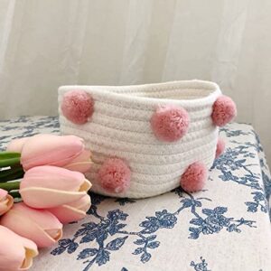 3X Cotton Woven Storage Basket Cute Pompom Decor Sundries Finishing Box Nordic Cosmetic Toys Organizer Pink S