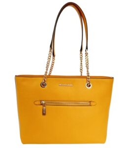 michael kors jet set medium leather front pocket zip chain tote bag (honeycomb yellow)
