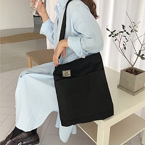 Canvas Crossbody Tote Bag Black Hobo Handbag Shoulder Bag for Women Teen Girls Cotton Casual Tote Bag with Zipper and Pockets Students Schoolbag Valentine's Day Gift