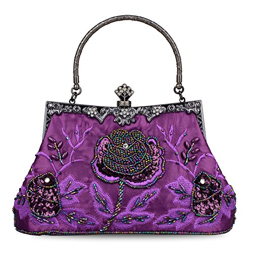 FLO-MOTOR Women's Vintage Style Roses Beaded Sequined Evening Bag Wedding Party Clutch Purse (Purple)