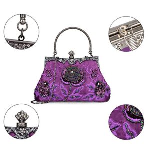 FLO-MOTOR Women's Vintage Style Roses Beaded Sequined Evening Bag Wedding Party Clutch Purse (Purple)