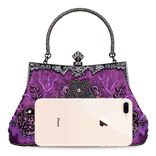 FLO-MOTOR Women's Vintage Style Roses Beaded Sequined Evening Bag Wedding Party Clutch Purse (Purple)