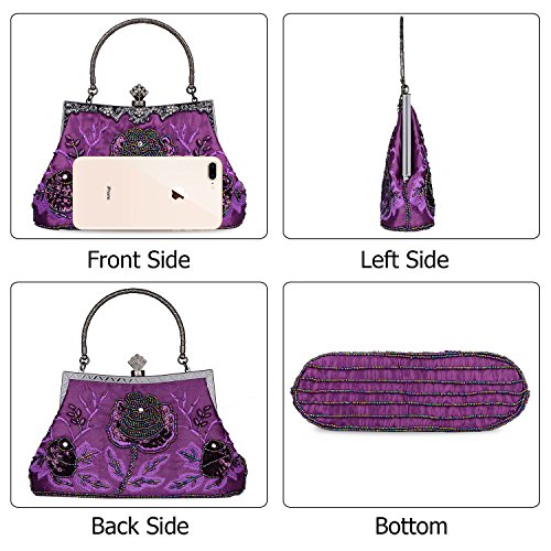 FLO-MOTOR Women's Vintage Style Roses Beaded Sequined Evening Bag Wedding Party Clutch Purse (Purple)