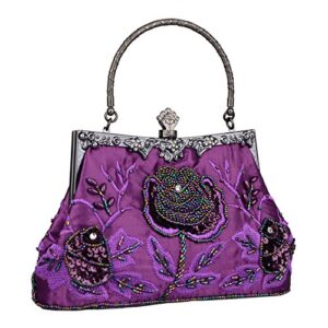 FLO-MOTOR Women's Vintage Style Roses Beaded Sequined Evening Bag Wedding Party Clutch Purse (Purple)