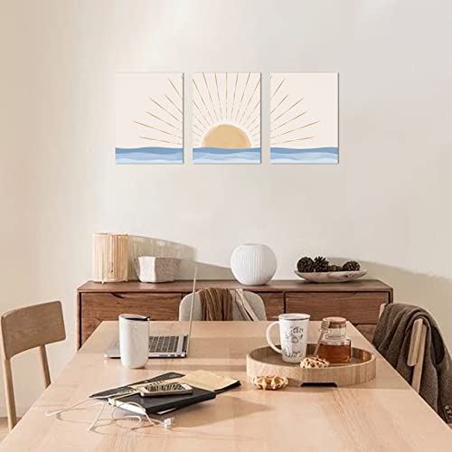 Boho Wall Art Set of 3, Neutral Geometric Sun Rising on the Sea Minimalist Art Framed Canvas Prints Artwork, Mid Century Modern Boho Sun Wall Art Decor for Bathroom, Bedroom, Living Room, Office