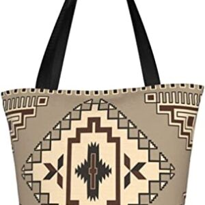 Beige Navajo Traditional Geometric Women's Shoulder Handbag Casual Tote Bag Storage Handle Bag