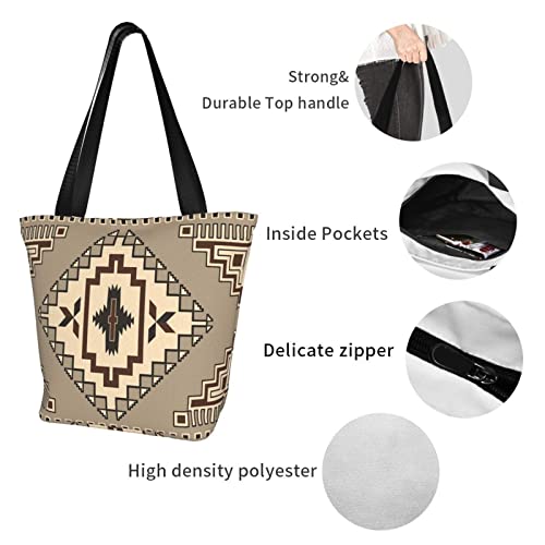 Beige Navajo Traditional Geometric Women's Shoulder Handbag Casual Tote Bag Storage Handle Bag