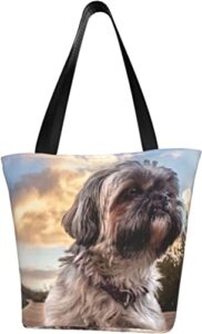 cute shih tzu dog sunset women’s shoulder handbag grocery tote bag storage handle bag