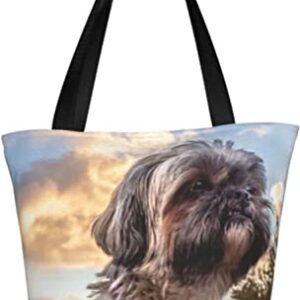 Cute Shih Tzu Dog Sunset Women's Shoulder Handbag Grocery Tote Bag Storage Handle Bag