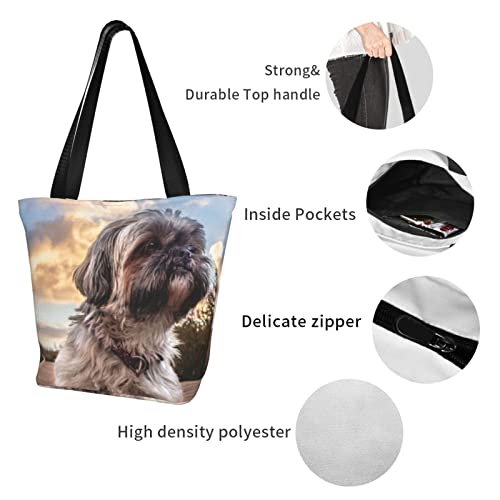 Cute Shih Tzu Dog Sunset Women's Shoulder Handbag Grocery Tote Bag Storage Handle Bag