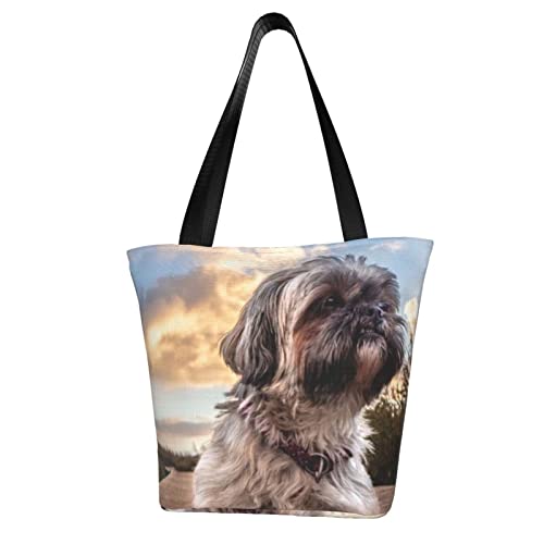 Cute Shih Tzu Dog Sunset Women's Shoulder Handbag Grocery Tote Bag Storage Handle Bag