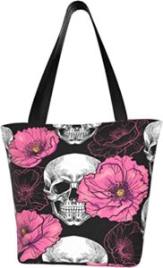 sugar skull pink poppy flower women’s shoulder handbag gym tote bag storage handle bag