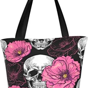 Sugar Skull Pink Poppy Flower Women's Shoulder Handbag Gym Tote Bag Storage Handle Bag