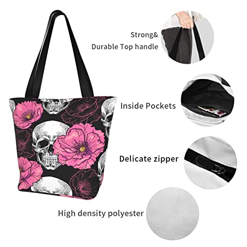 Sugar Skull Pink Poppy Flower Women's Shoulder Handbag Gym Tote Bag Storage Handle Bag