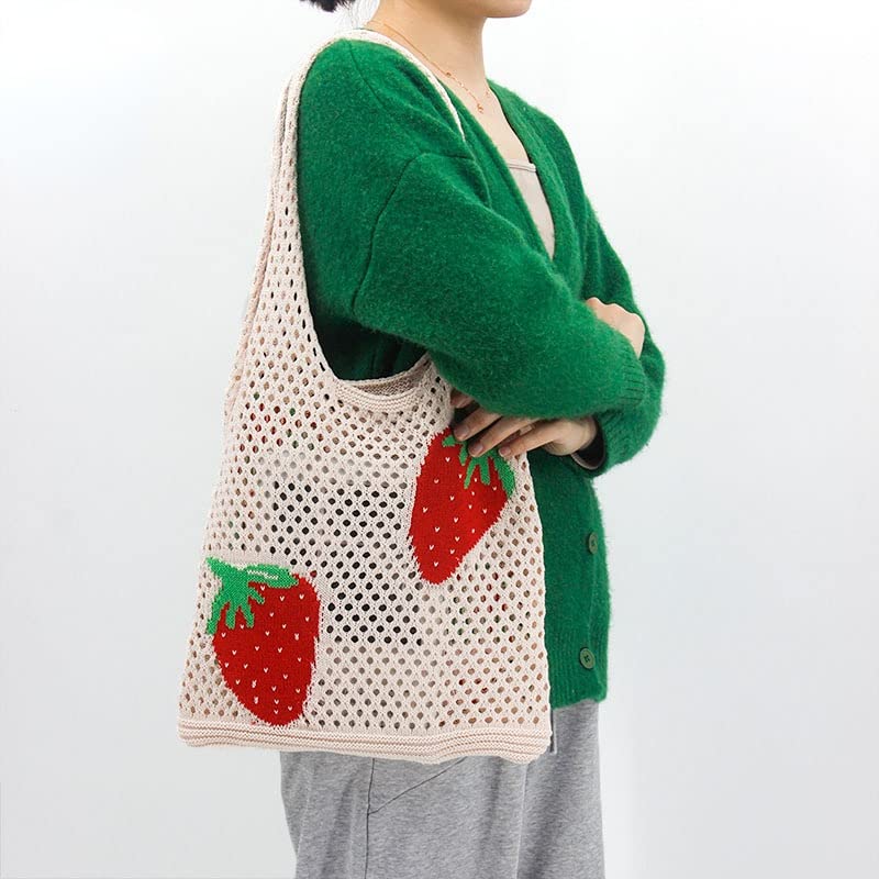 Women Y2K Crochet Tote Bag Hobo Aesthetic Bag Trendy Strawberry Knitted Shoulder Bags Mesh Hollow Tote Bag (Apricot)