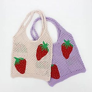 Women Y2K Crochet Tote Bag Hobo Aesthetic Bag Trendy Strawberry Knitted Shoulder Bags Mesh Hollow Tote Bag (Apricot)