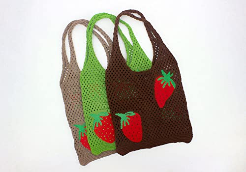 Women Y2K Crochet Tote Bag Hobo Aesthetic Bag Trendy Strawberry Knitted Shoulder Bags Mesh Hollow Tote Bag (Apricot)