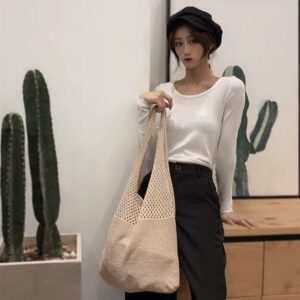 Women's Shoulder Handbags Y2K Fairy Grunge Crochet Tote Bag Aesthetic Hippie Shopping Bag Alt Purse Accessories (Coffee)