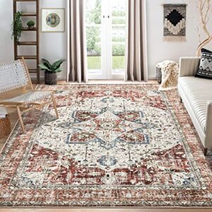 Area Rug Living Room Rugs - 9x12 Washable Boho Rug Vintage Oriental Distressed Farmhouse Large Thin Indoor Carpet for Living Room Bedroom Under Dining Table Home Office - Cream Red