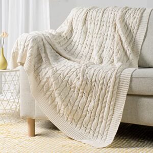 carriediosa white knit throw blanket for couch, chenille chunky cable knitted soft cozy decorative lightweight blanket for bed sofa and chair (cream white 50″ x 60″)