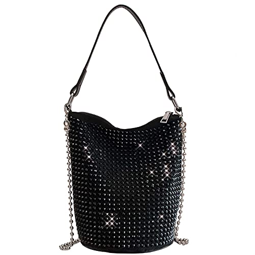 Bydenwely Rhinestone Rivets Bling Bucket Hobo Bag Medium Chic Evening Purse Women Clutch Crossbody Mini Tote for Prom Party, Black