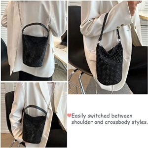 Bydenwely Rhinestone Rivets Bling Bucket Hobo Bag Medium Chic Evening Purse Women Clutch Crossbody Mini Tote for Prom Party, Black